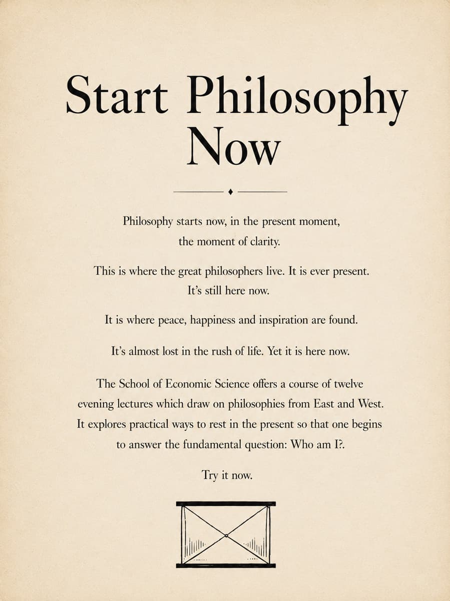 An original School of Economic Science advertisement from the 1950s, inviting the public to study philosophy.